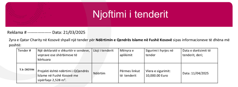 Njoftim i Tenderit: Ndërtimi i Qendrës Islame në Fushë Kosovë